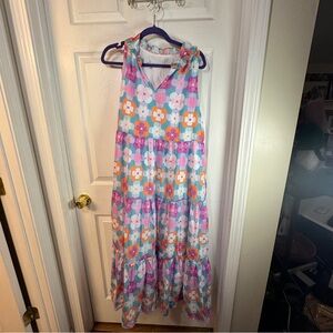 Artsal - Frilly Split Neck Tiered Dress - Floral Print - White, Blue, Pink - XL